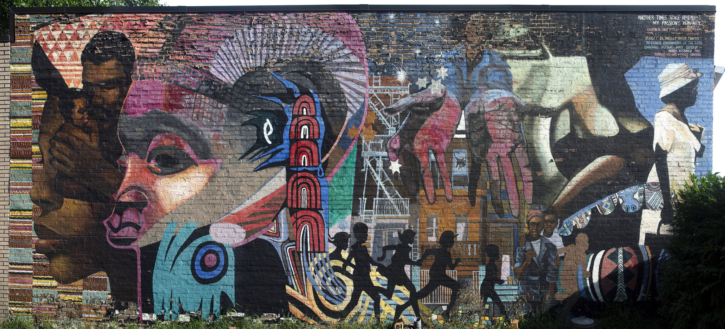 Restoration of Another Time's Voice Remembers My Passion’s Humanity by Mitchell Caton and Calvin Jones, 1979 2018 Lead Artist: Bernard Williams and Damon Lamar Reed Location: Elliott Donnelley Youth Center, 3947 S. Michigan Ave. The restoration of 'Another Time's Voice Remembers My Passion’s Humanity' was generously supported by the Abreva Brand. (Photo before restoration)