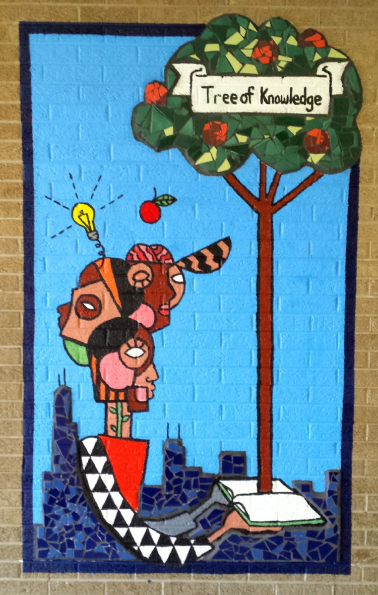 Knowledge is Power 2018 Lead Artist: Amanda Mudrovich Location: Harlan Community Academy, 9652 S. Michigan Ave. Sponsors: Metropolitan Family Services and CPAG Amanda Mudrovich lead and taught a group of Harlan high school students to design and create an indoor bricolage mural in their school. CPAG is excited to be collaborating with Metropolitan Family Services and Harlan Community Academy High School again.